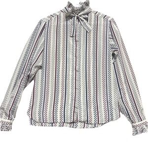 Vintage 80s Evan Picone Secretary Blouse Pussybow Size 10 Geometric Ruffle Saks